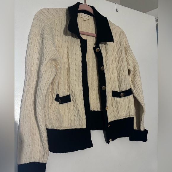 Jackets & Blazers - Elegant Cream and Black Women's Cable Knit Jacket